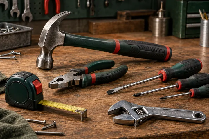Çekiç, pense, tornavida ve ölçüm aletlerinden oluşan el aletleri